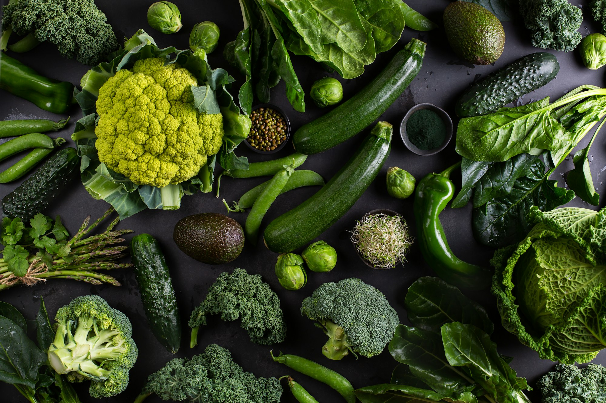 Variety of green vegetables, local food, seasonal produce